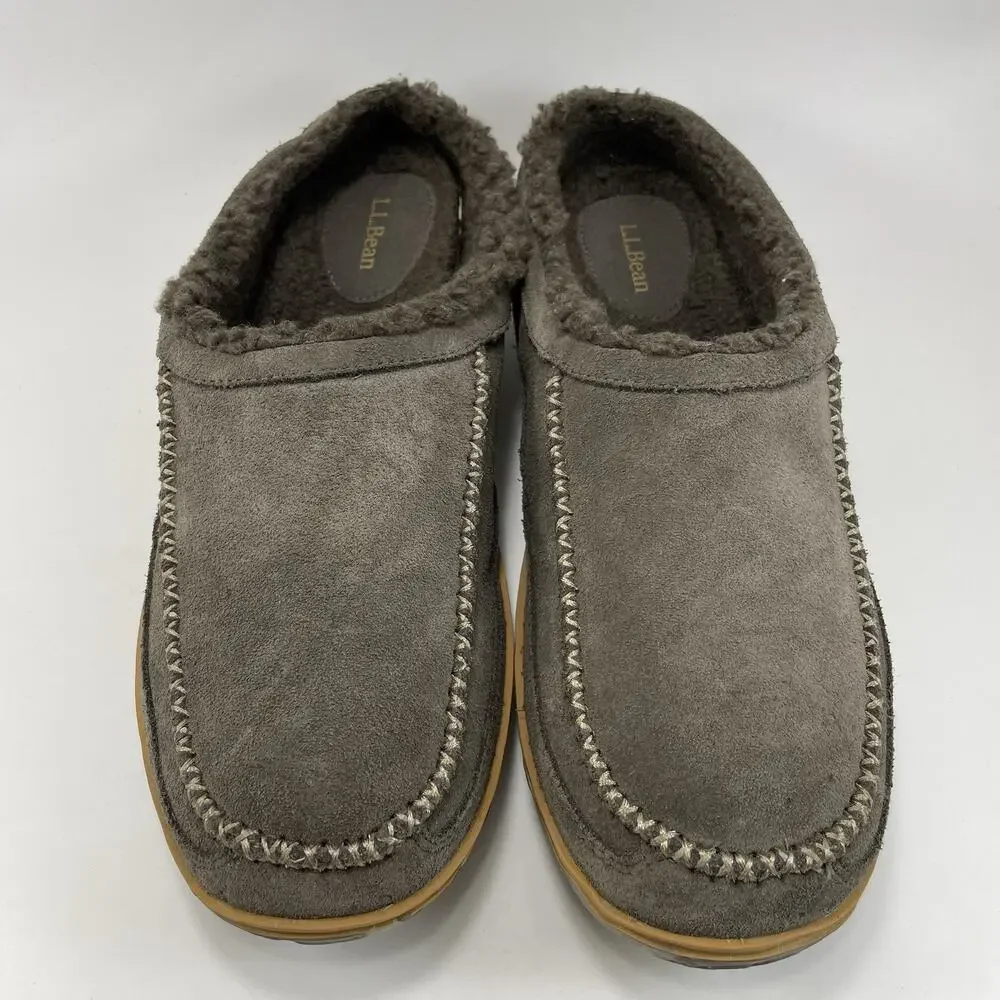 L.L. Bean Mountain Slipper Scuffs Mens Size 11 Gray Brown Suede Fleece Lining